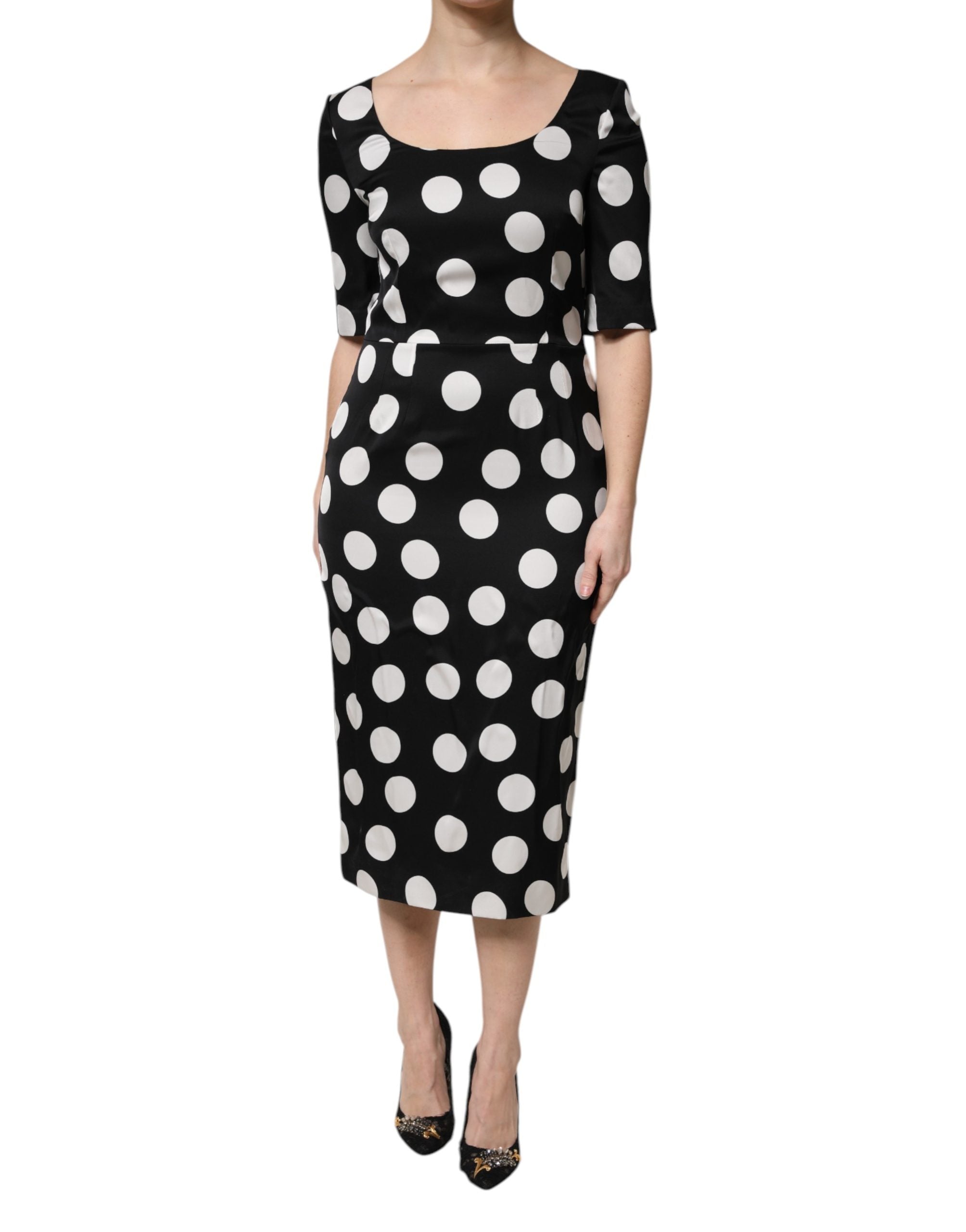 Black White Polka Dot Silk Sheath Midi Dress