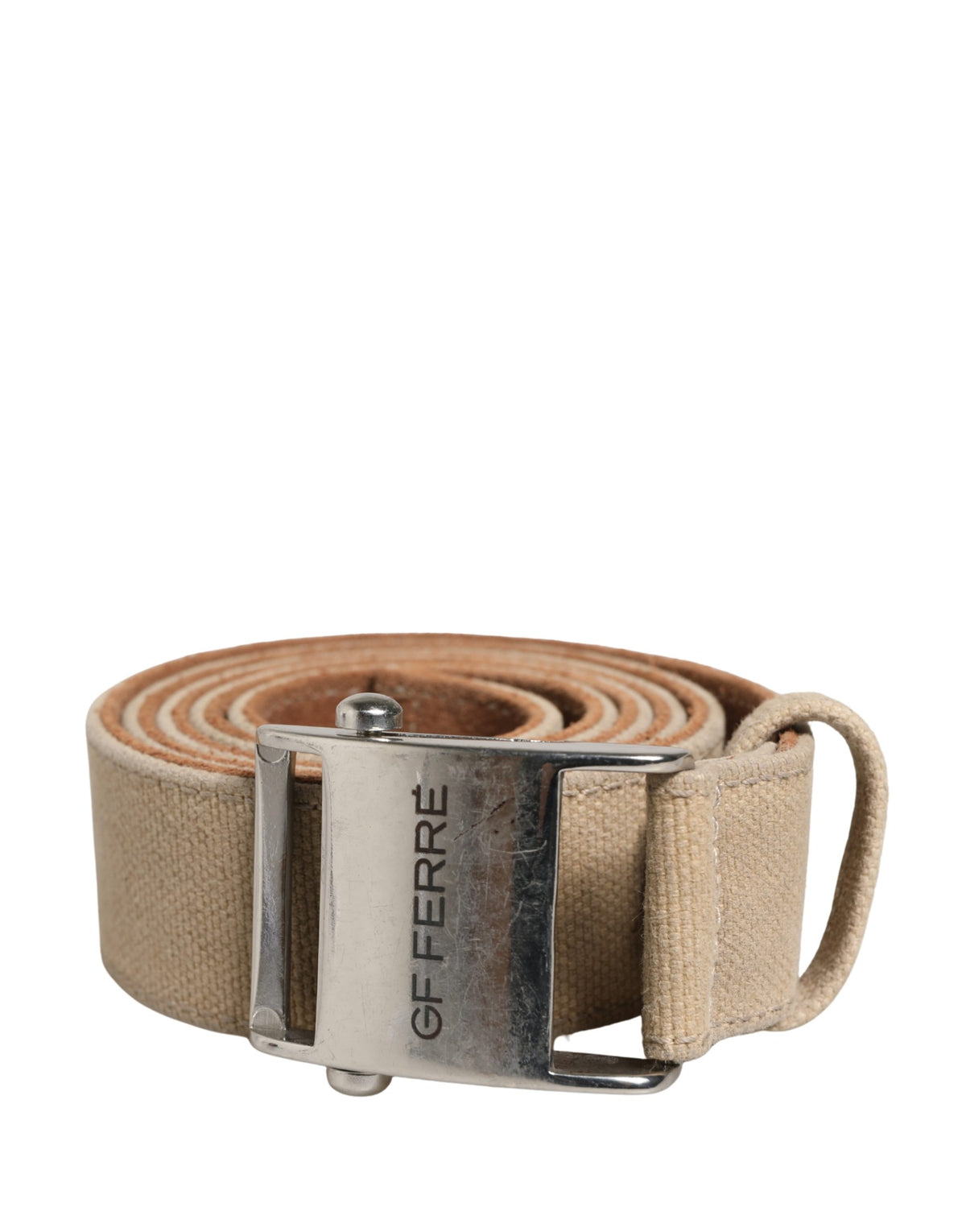 Men Beige Canvas Silver Metal Buckle Cintura Belt
