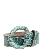 Women Green Leather Croco Print Studded Belt