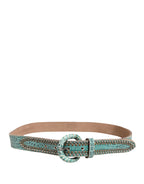 Women Green Leather Croco Print Studded Belt