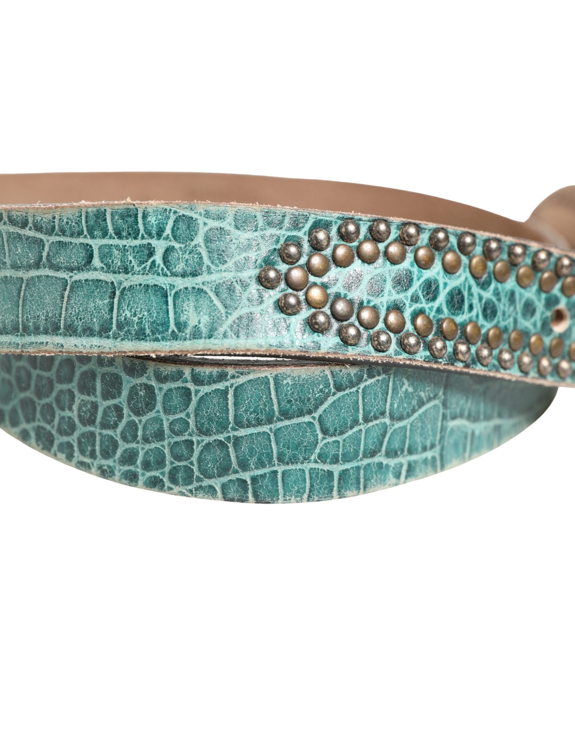 Women Green Leather Croco Print Studded Belt
