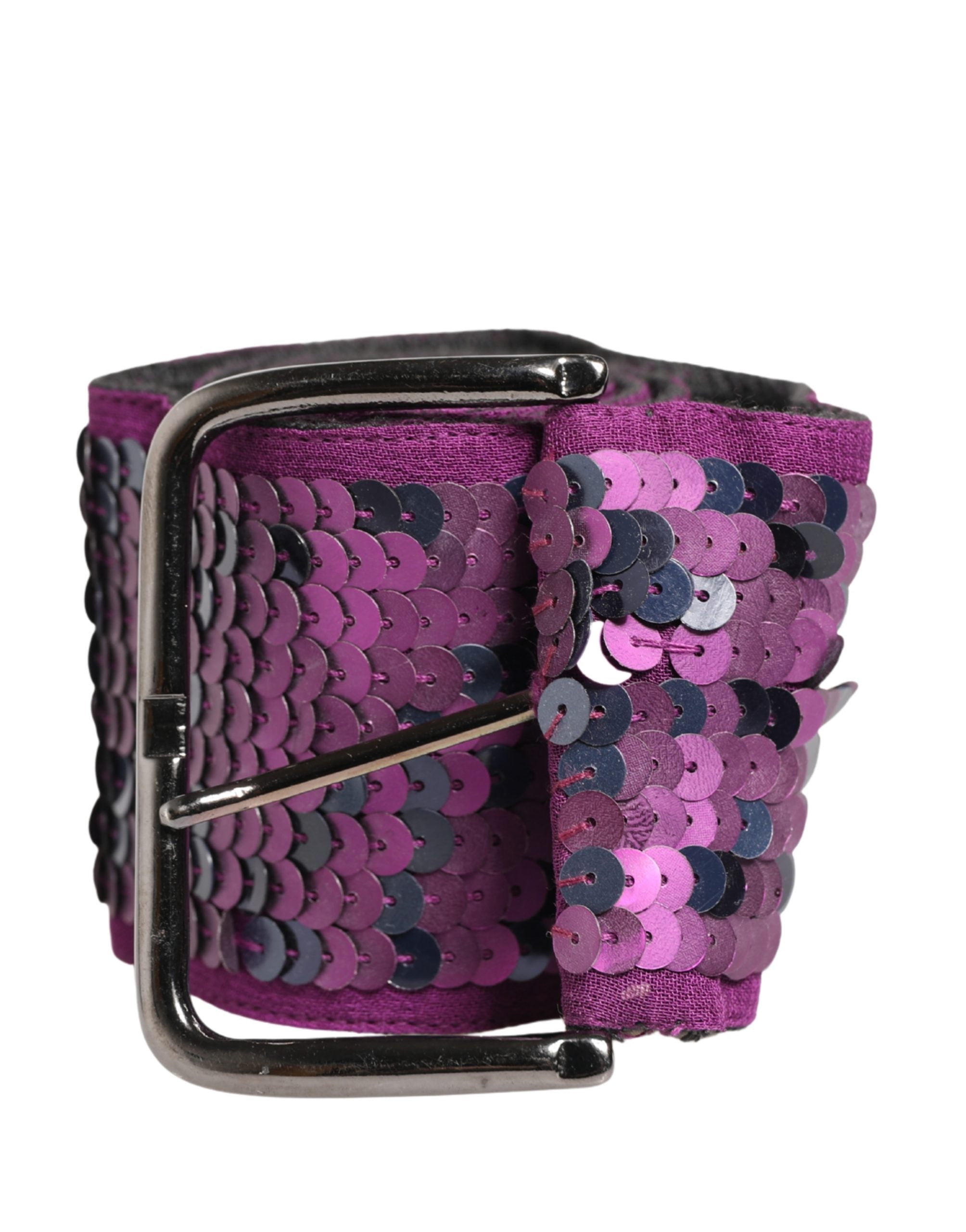 Women Purple Sequined Silver Metal Buckle Belt