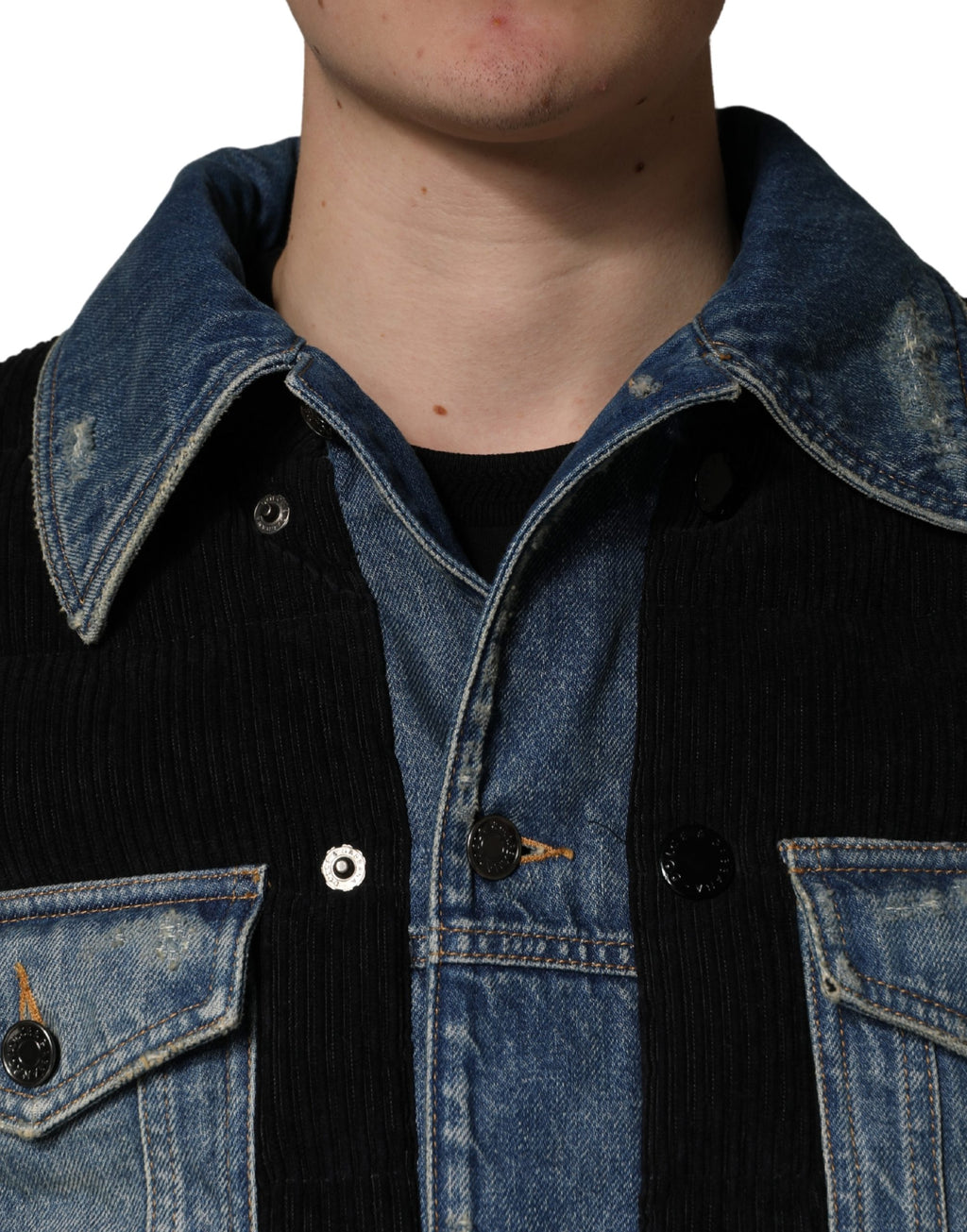 Black Blue Cotton Denim Blouson Men  Jacket