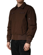 Brown Cotton Stretch Full Zip Bomber Jacket