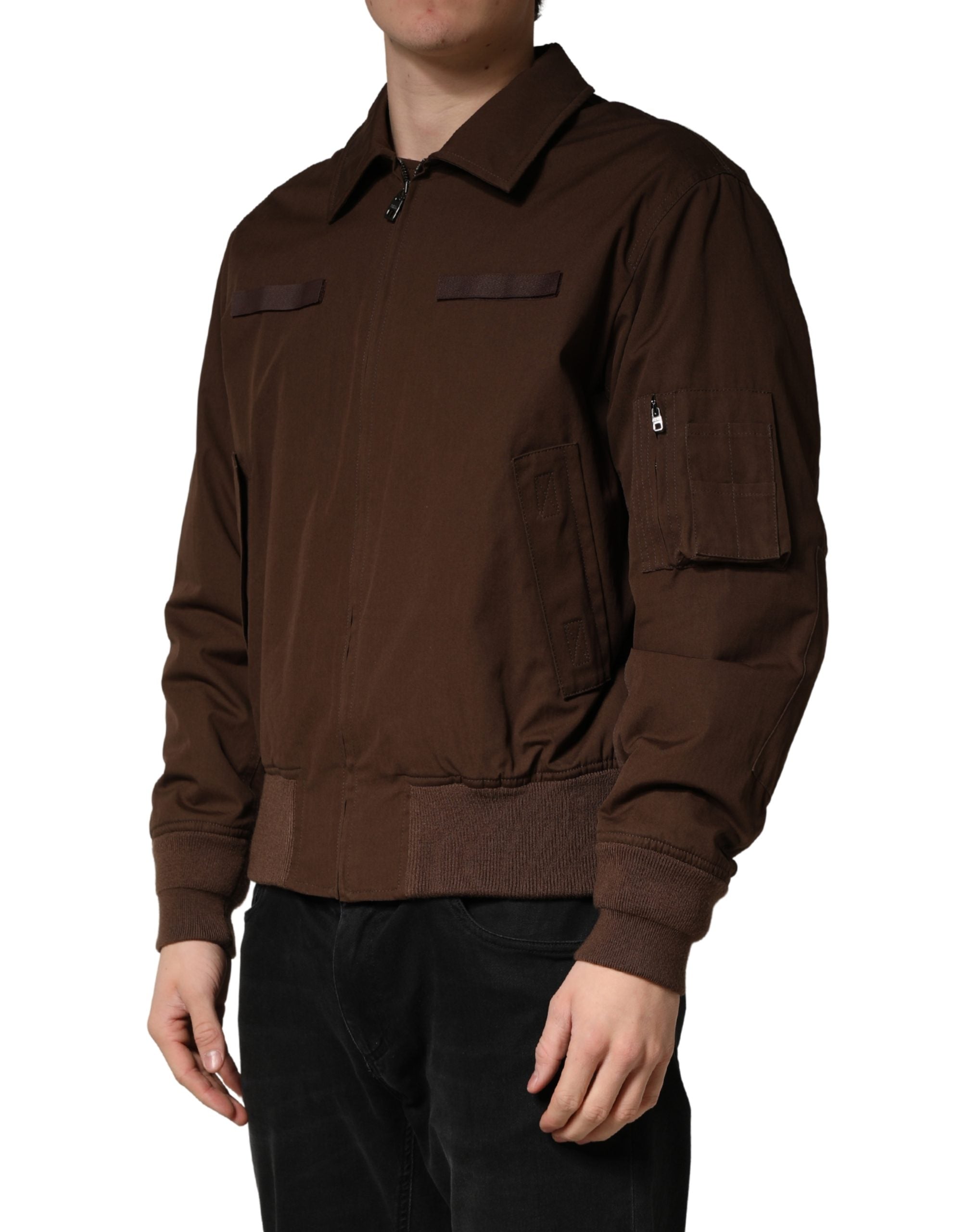 Brown Cotton Stretch Full Zip Bomber Jacket