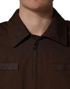 Brown Cotton Stretch Full Zip Bomber Jacket