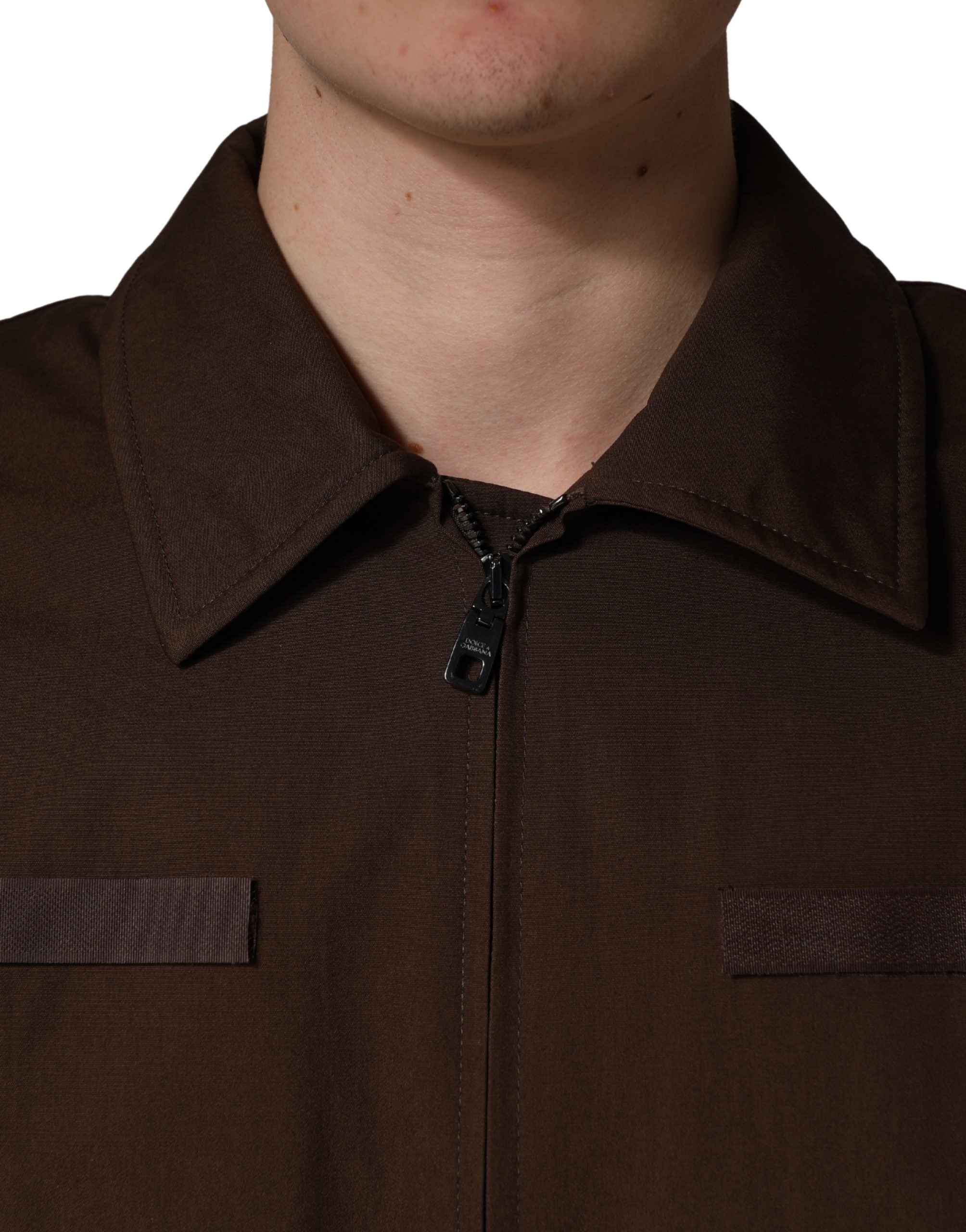 Brown Cotton Stretch Full Zip Bomber Jacket
