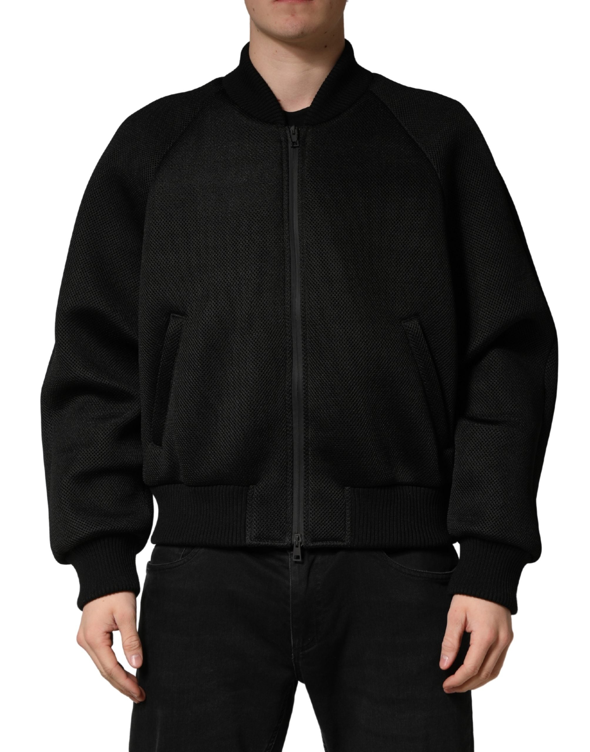 Men Black Nylon Full Zip Bomber Jacket