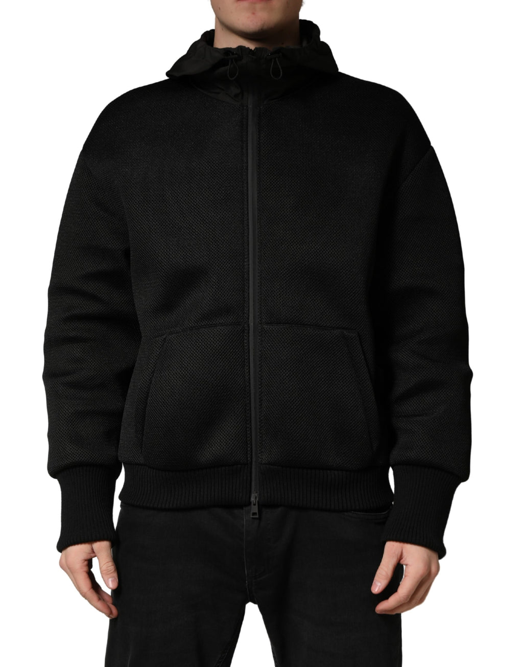Men Black Hooded Full Zip Bomber Jacket