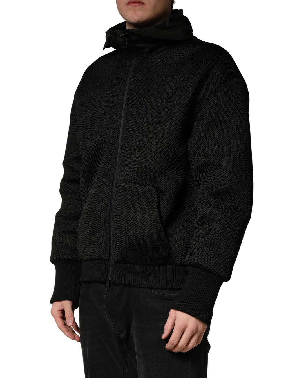 Men Black Hooded Full Zip Bomber Jacket