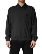 Black Wool Logo Full Zip Men Bomber Jacket