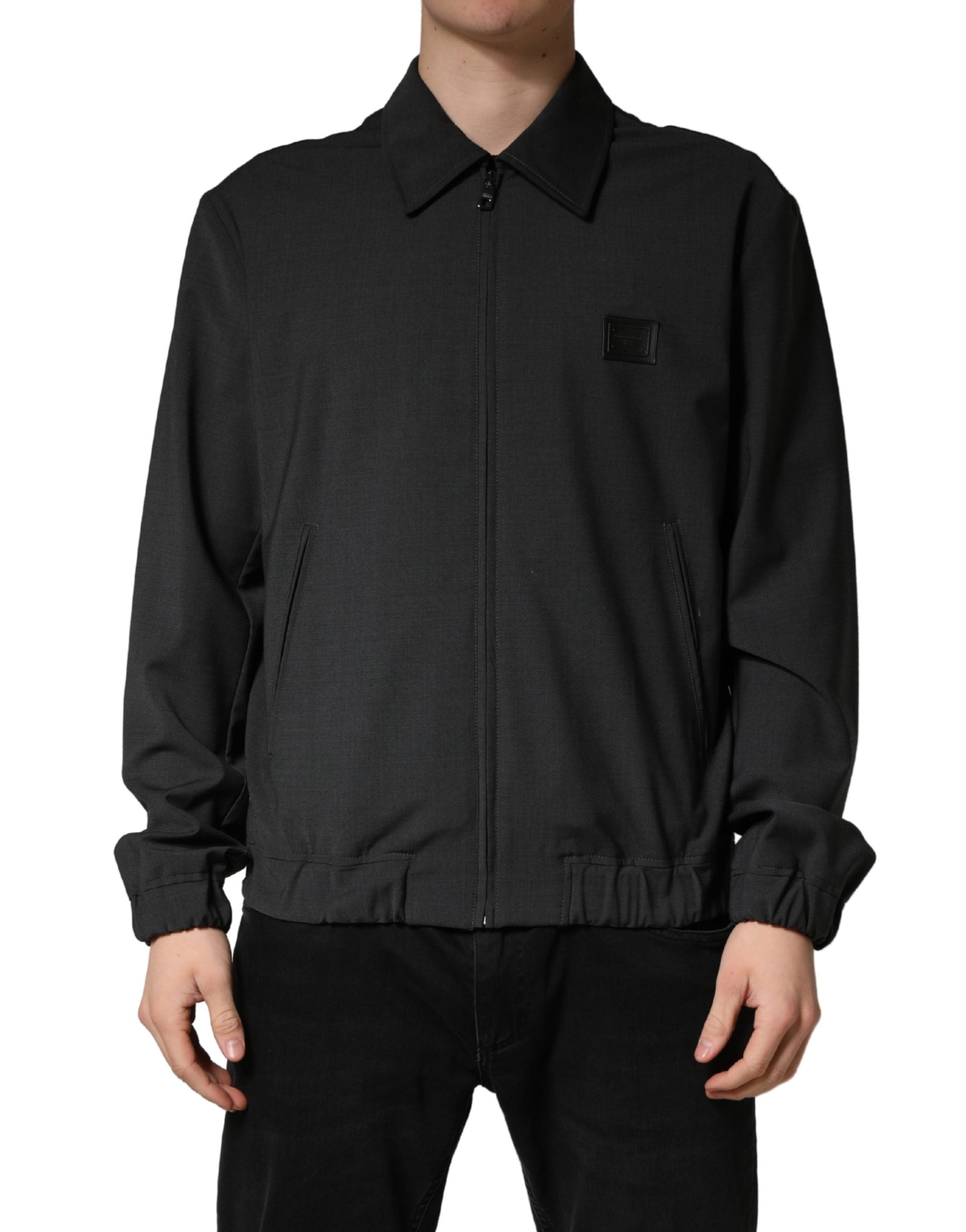 Black Wool Logo Full Zip Men Bomber Jacket