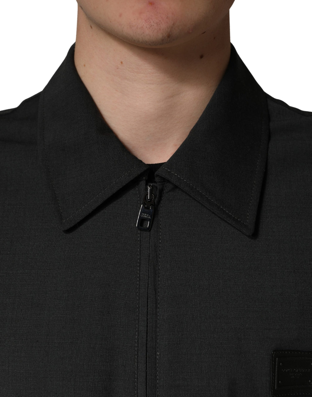 Black Wool Logo Full Zip Men Bomber Jacket