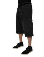 Black Mid Waist Denim Cargo Bermuda  Shorts