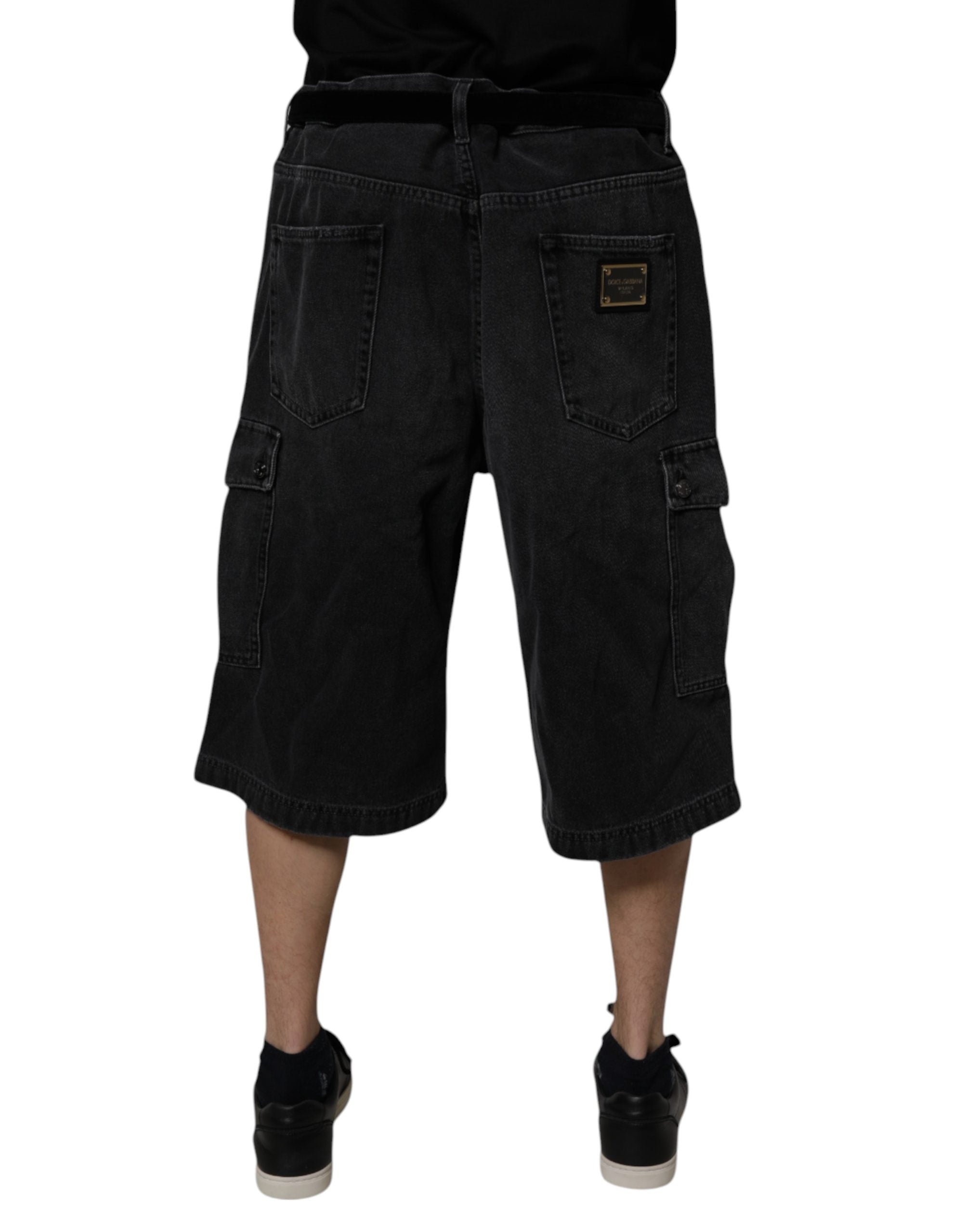 Black Mid Waist Denim Cargo Bermuda  Shorts