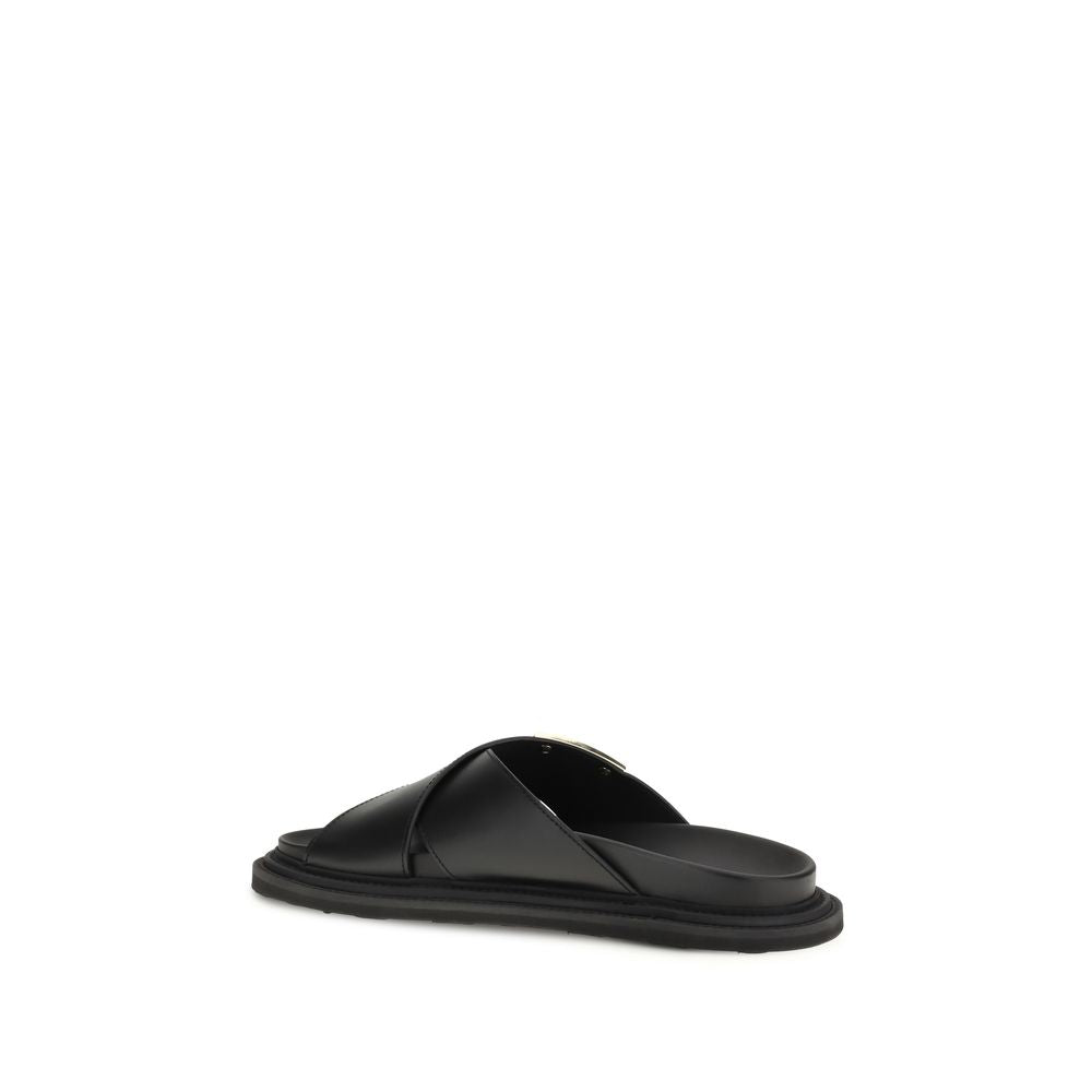 Black Calf Leather Bos Taurus Flat Sandals