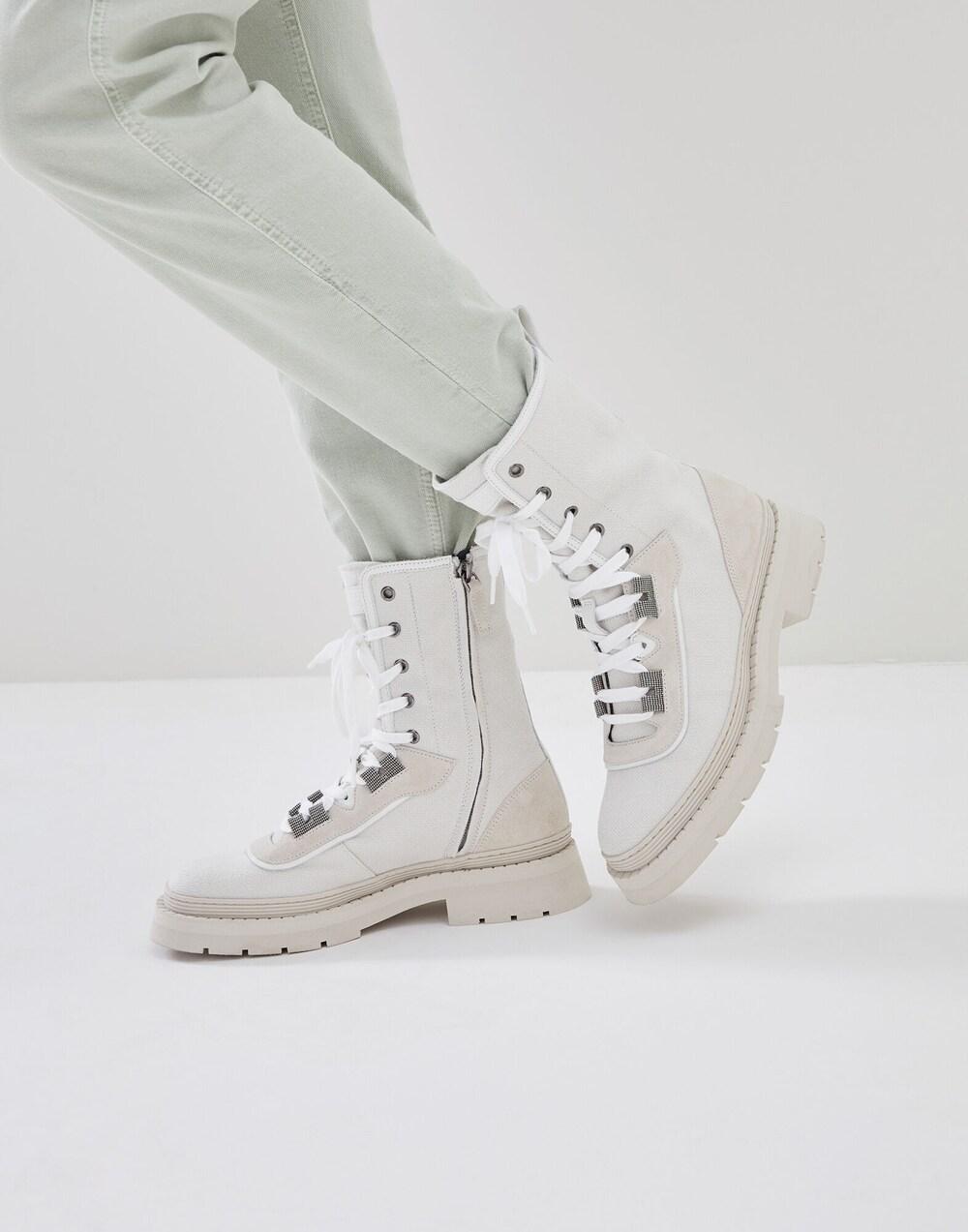 Beige Cotton Lace-Up Boots