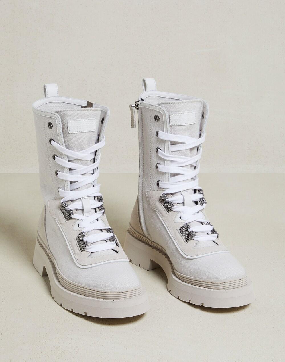 Beige Cotton Lace-Up Boots