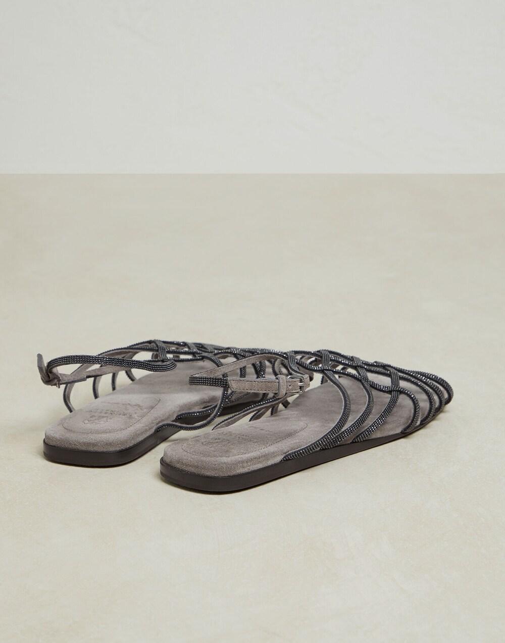 Gray Leather Flat Sandals