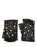 Black Pearl Embellished Wrist Length Gloves