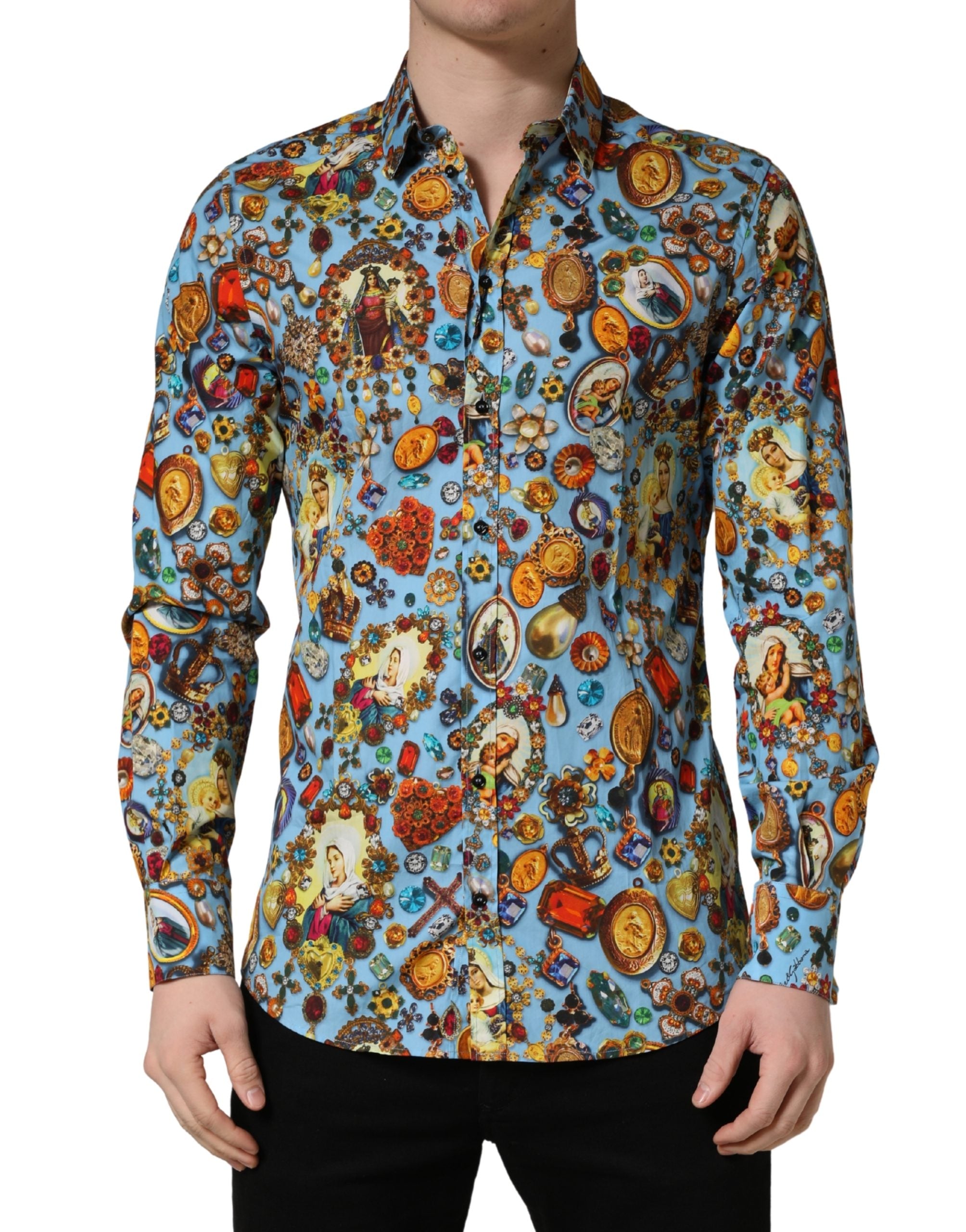 Blue Cotton Jewel Print Button Down GOLD Shirt