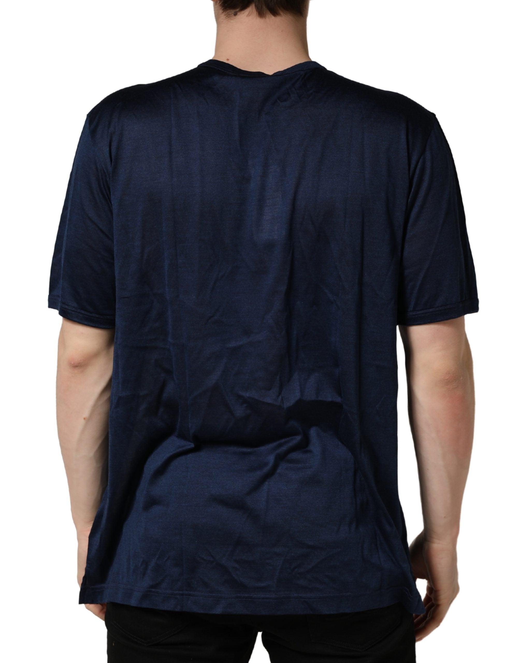 Dark Blue Silk Short Sleeve CrewNeck T-shirt