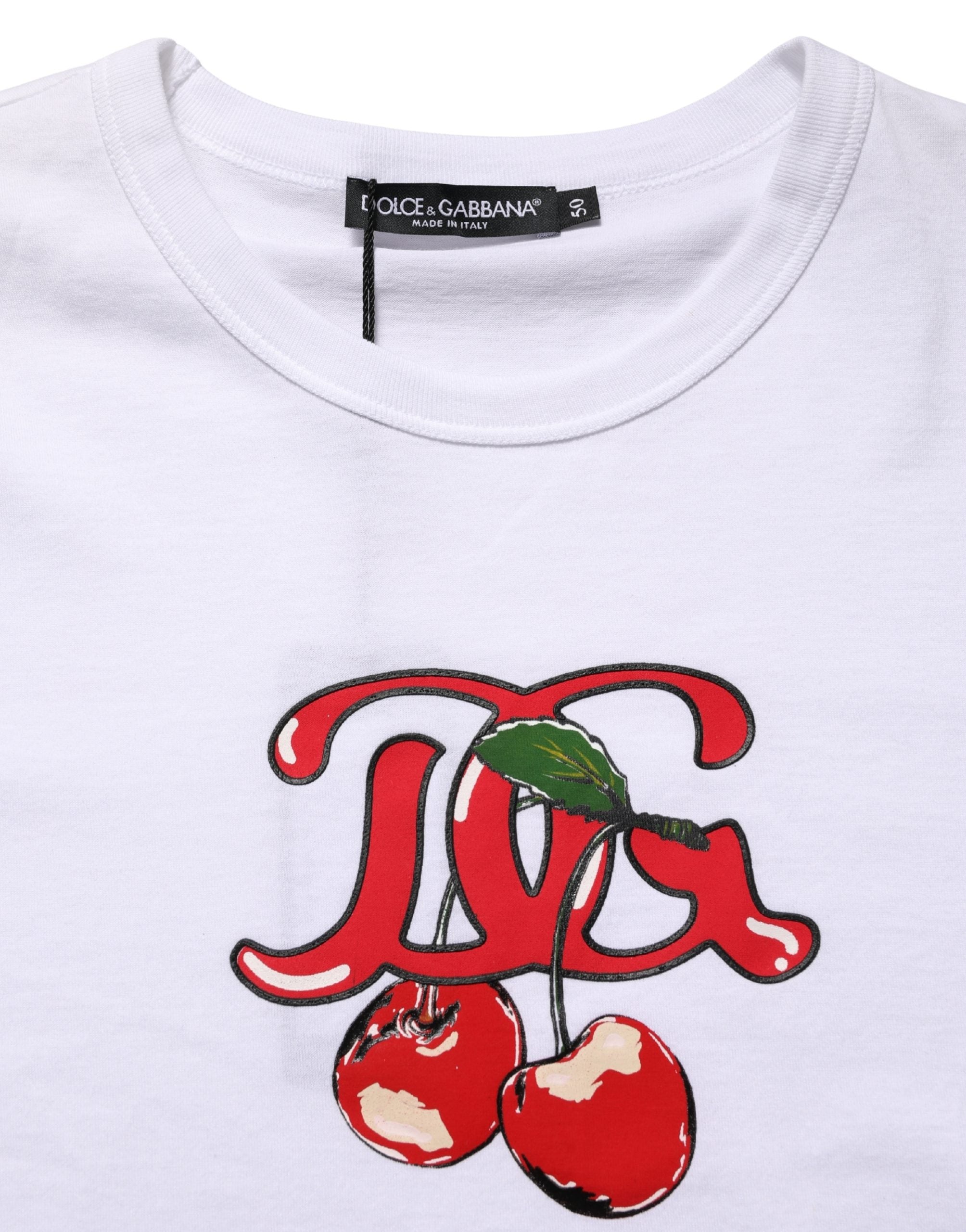 White DG Cherries Cotton Crew Neck  T-shirt