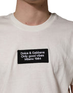 White Logo Patch Cotton Men Crew Neck  T-shirt