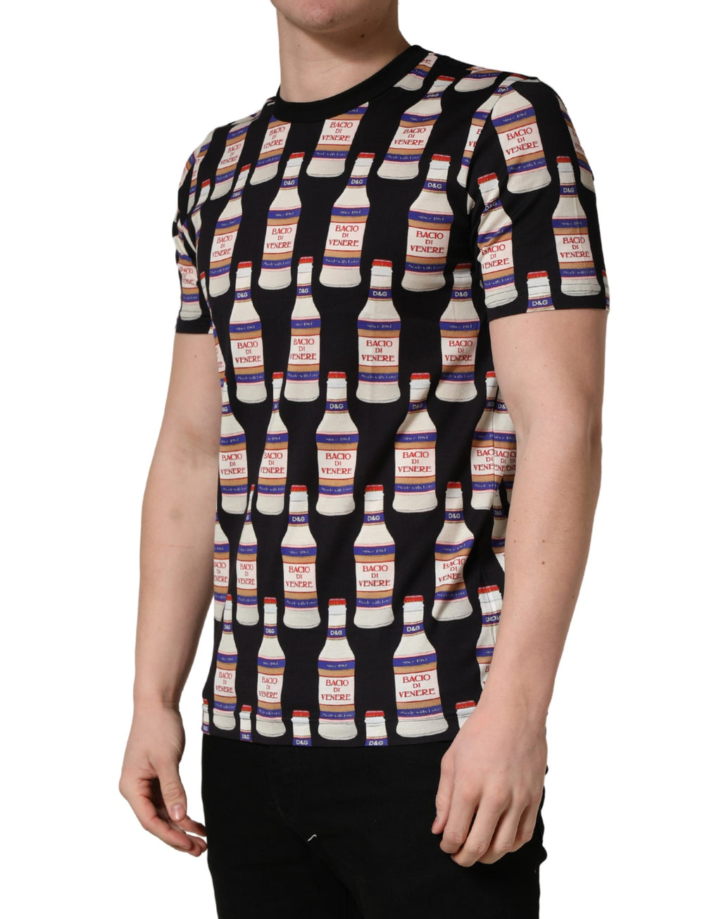 Black Bottle Print Cotton Crew Neck  T-shirt