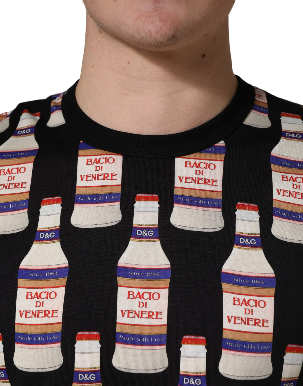 Black Bottle Print Cotton Crew Neck  T-shirt