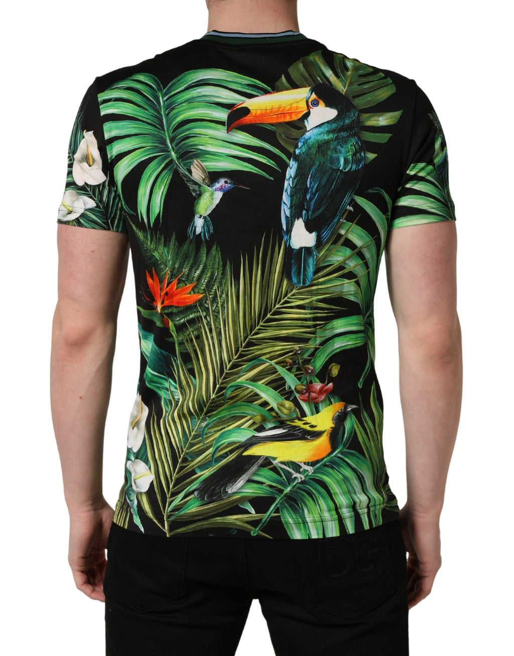 Black Bird Print Cotton Men Crew Neck T-shirt