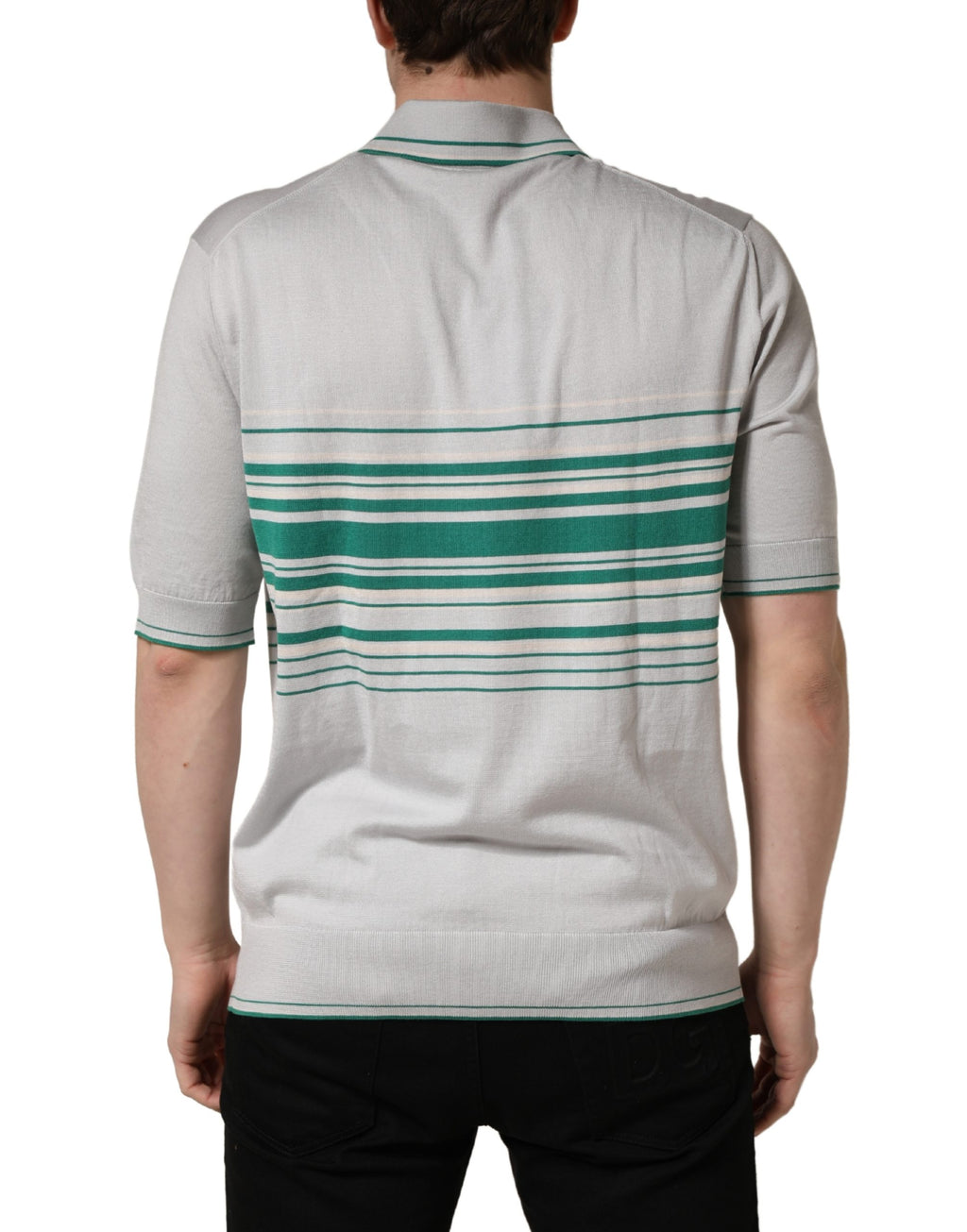Gray Green Striped Logo Silk Polo T-shirt