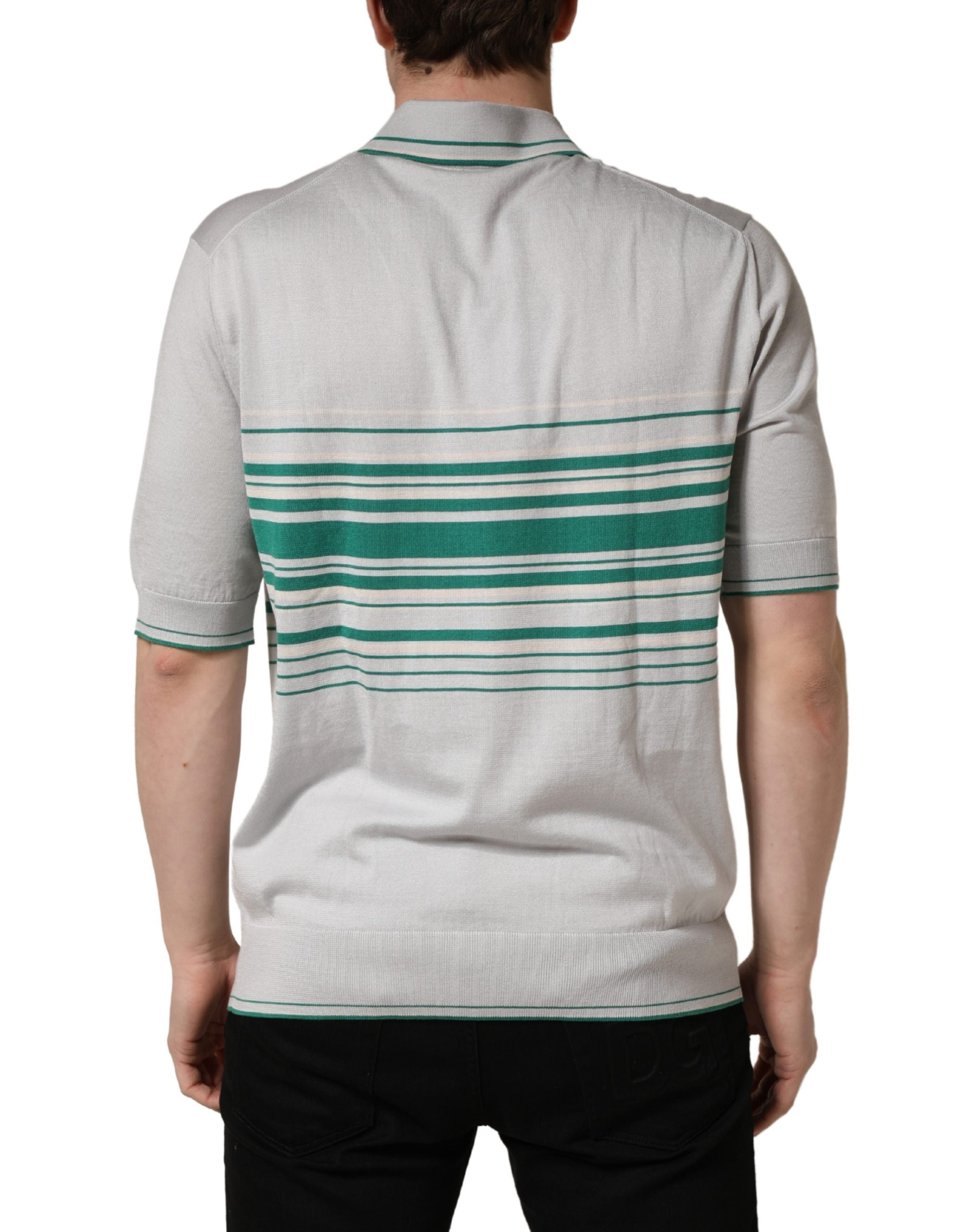 Gray Green Striped Logo Silk Polo T-shirt