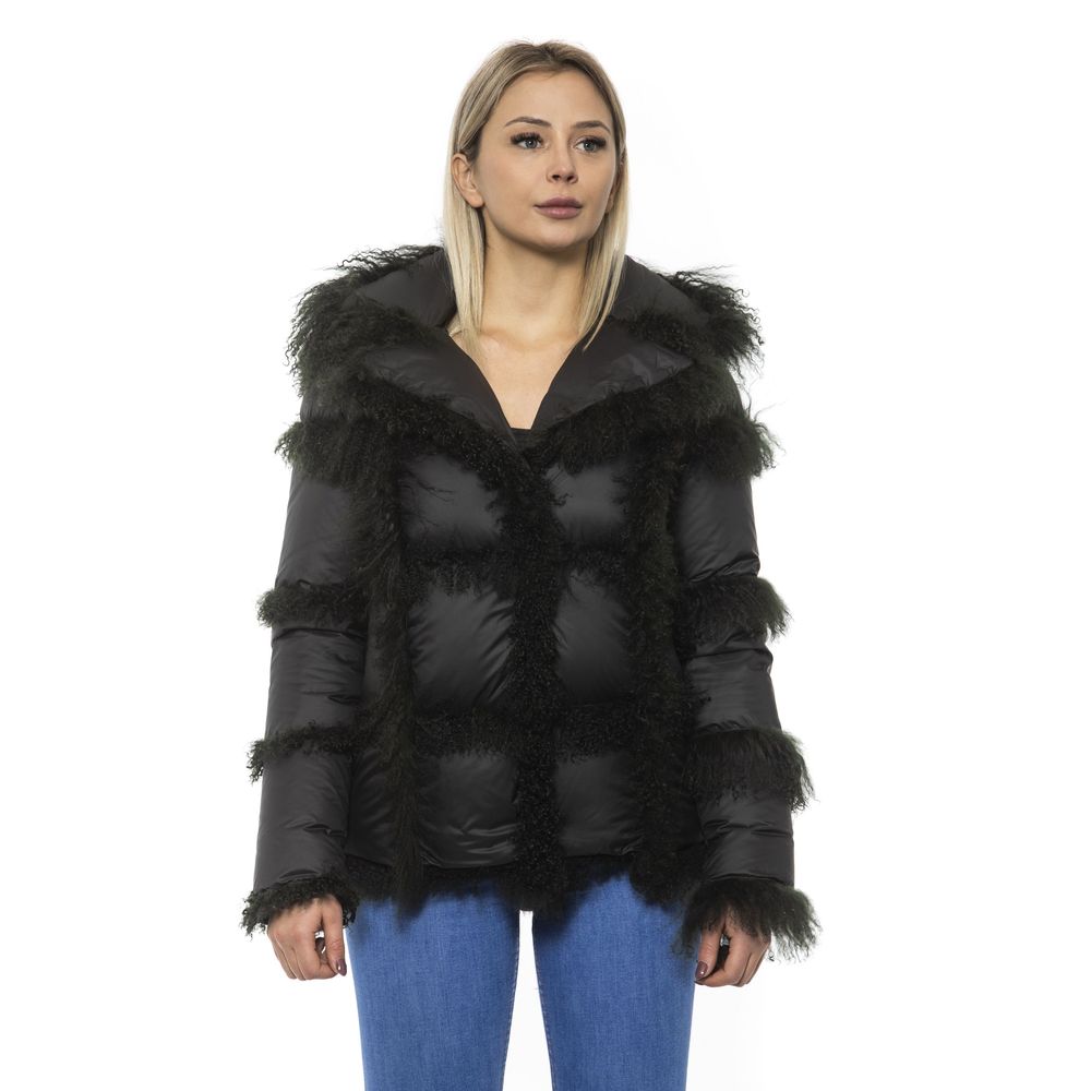 Black Poly Jacket with Lamb Fur Hood for Women