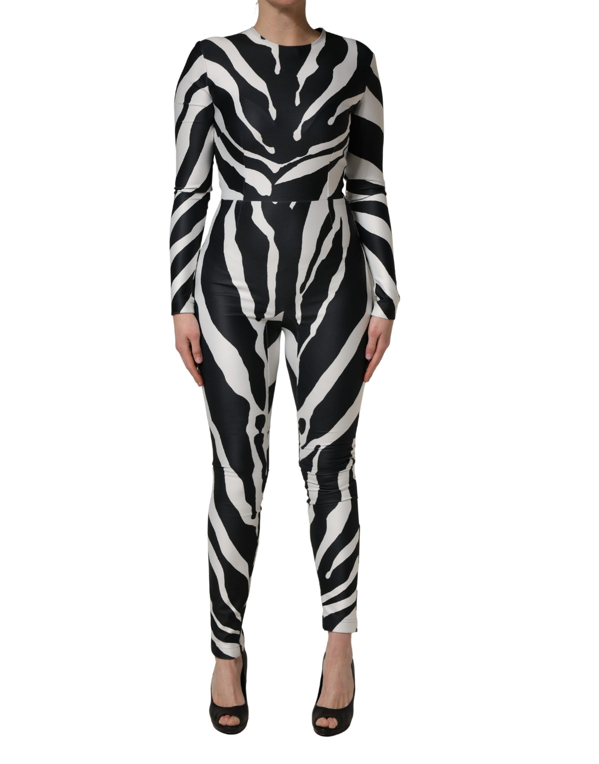 Black White Polyester Zebra Pattern Jumpsuit