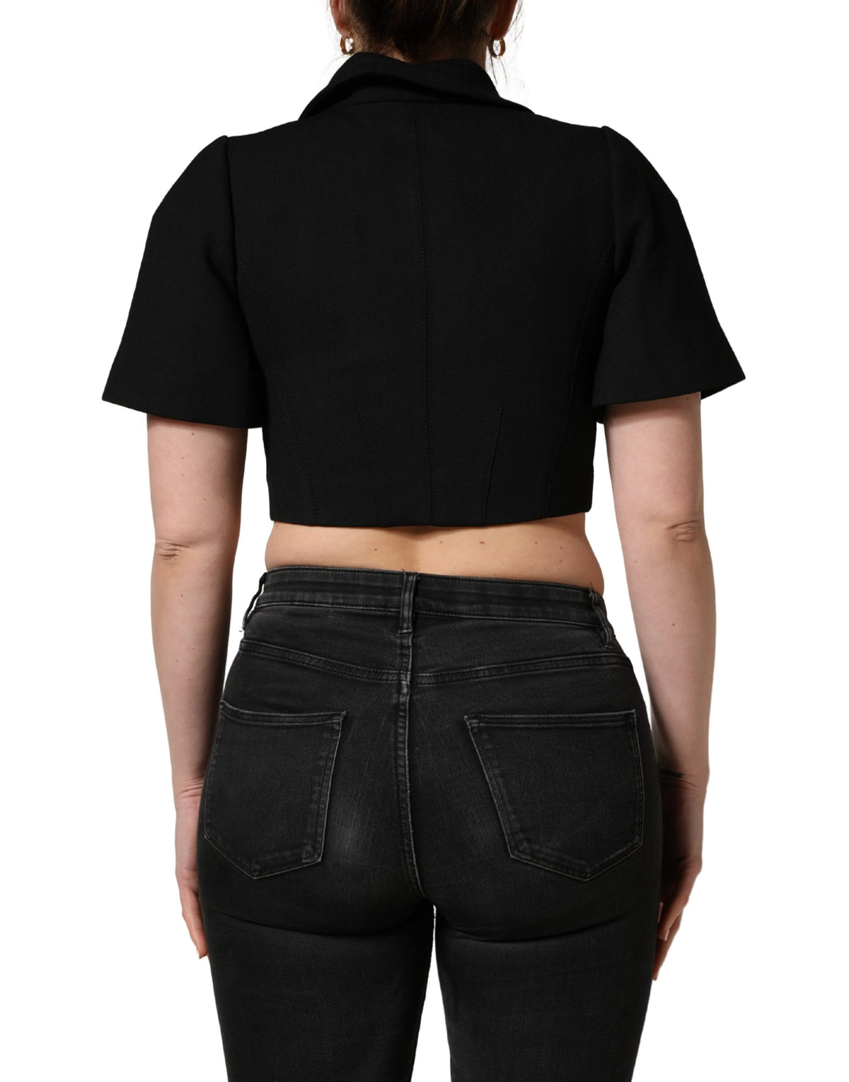 Black Collared Short Sleeves Cropped Blouse Top