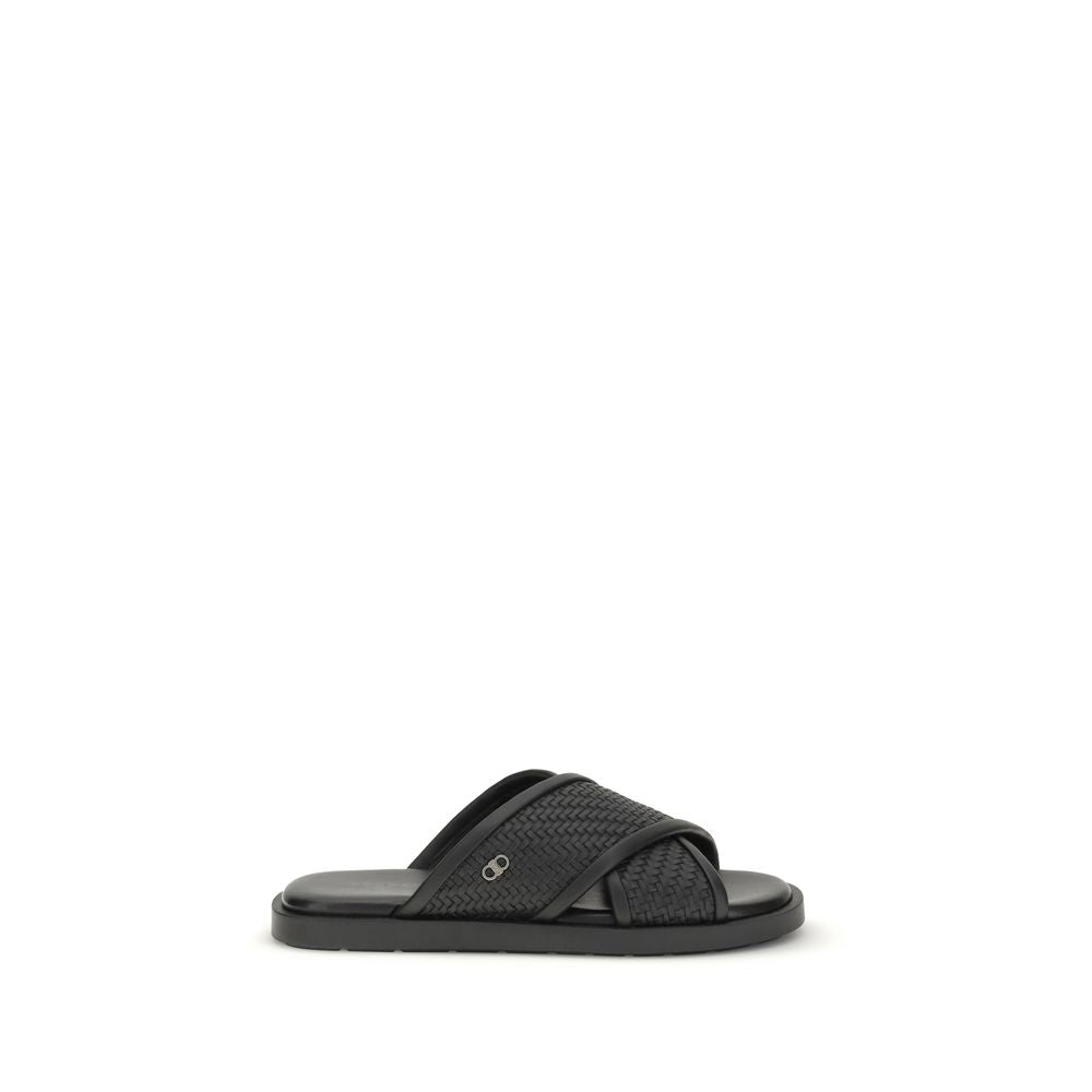 Black Calf Leather Bos Taurus Flat Sandals