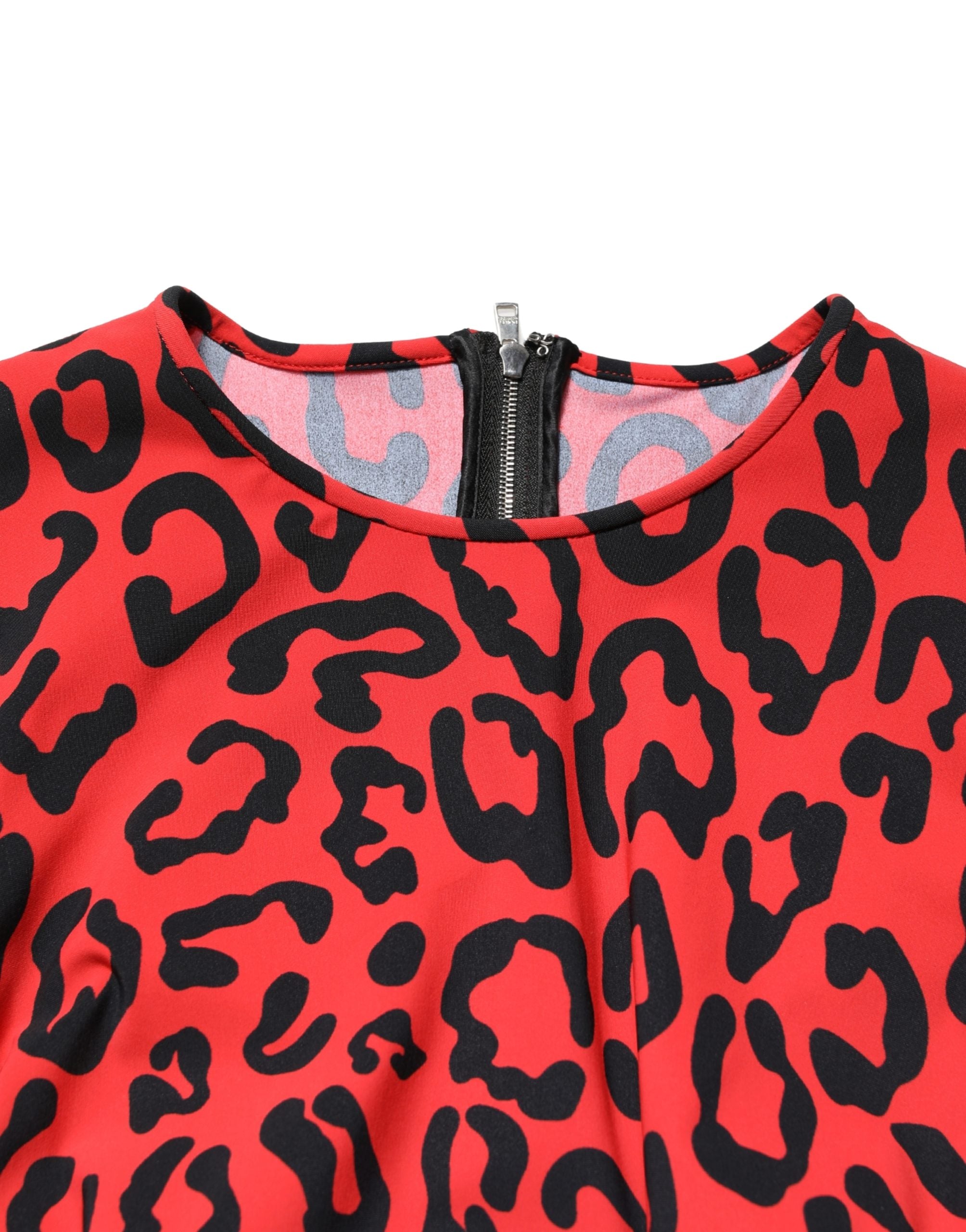 Red Leopard Print Long Sleeves Midi Dress