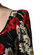 Black Floral Silk Long Sleeves Gown Dress
