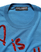 Blue Silk Sequined CrewNeck Pullover Sweater