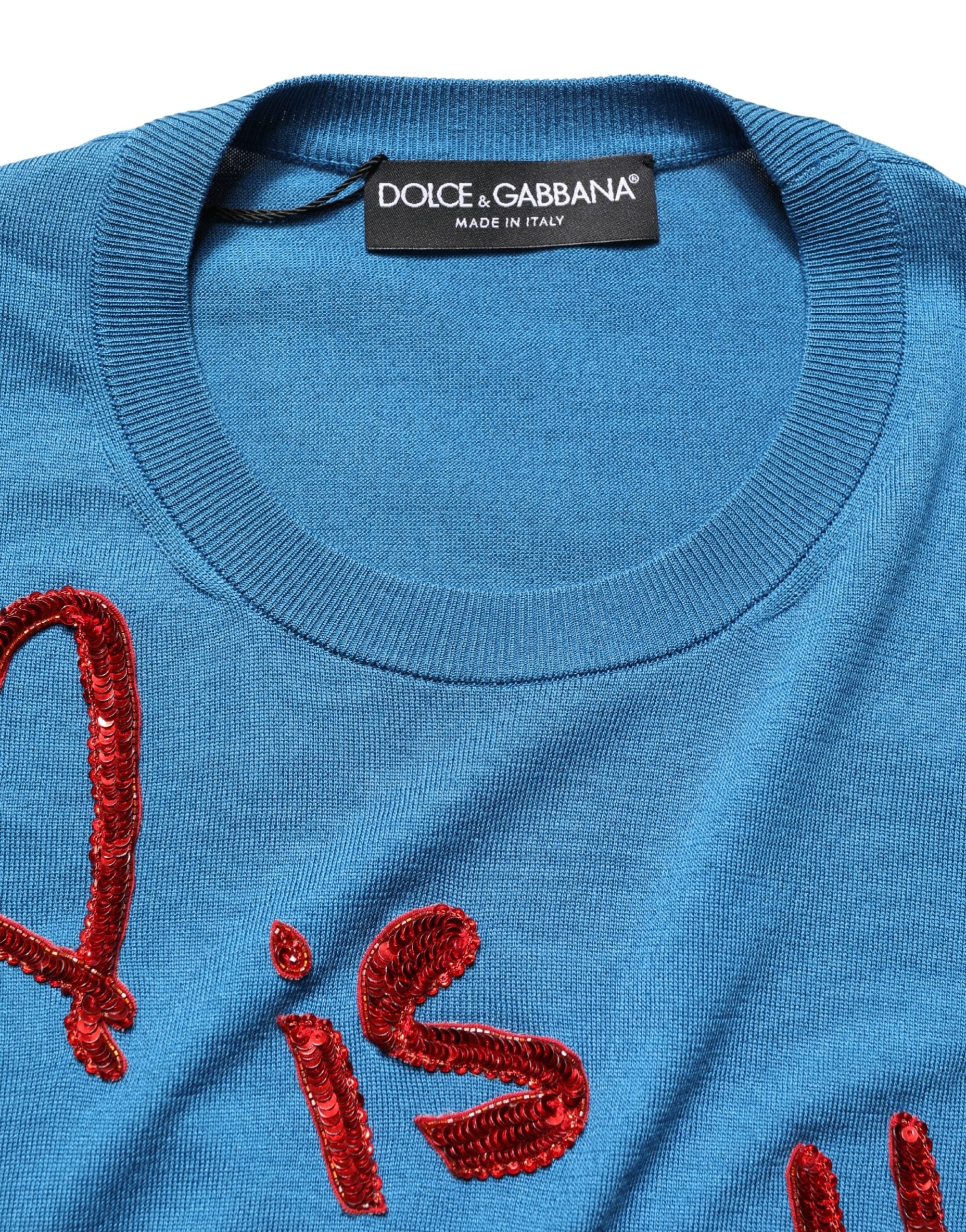 Blue Silk Sequined CrewNeck Pullover Sweater
