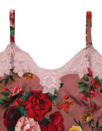 Brown Rose Print Satin Lace Camisole Tank Top