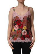 Brown Rose Print Satin Lace Camisole Tank Top