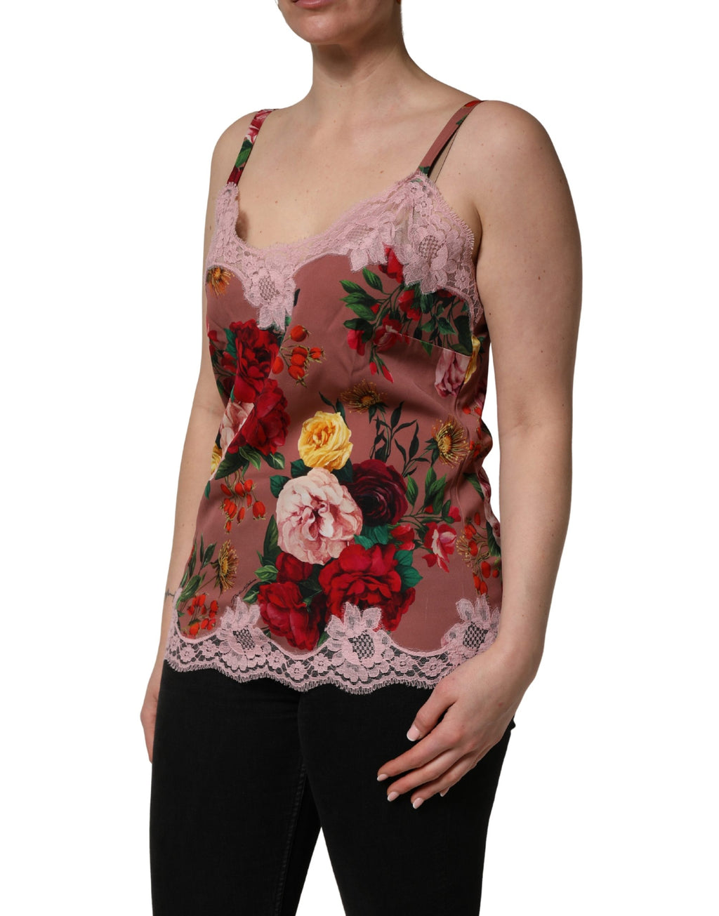 Brown Rose Print Satin Lace Camisole Tank Top