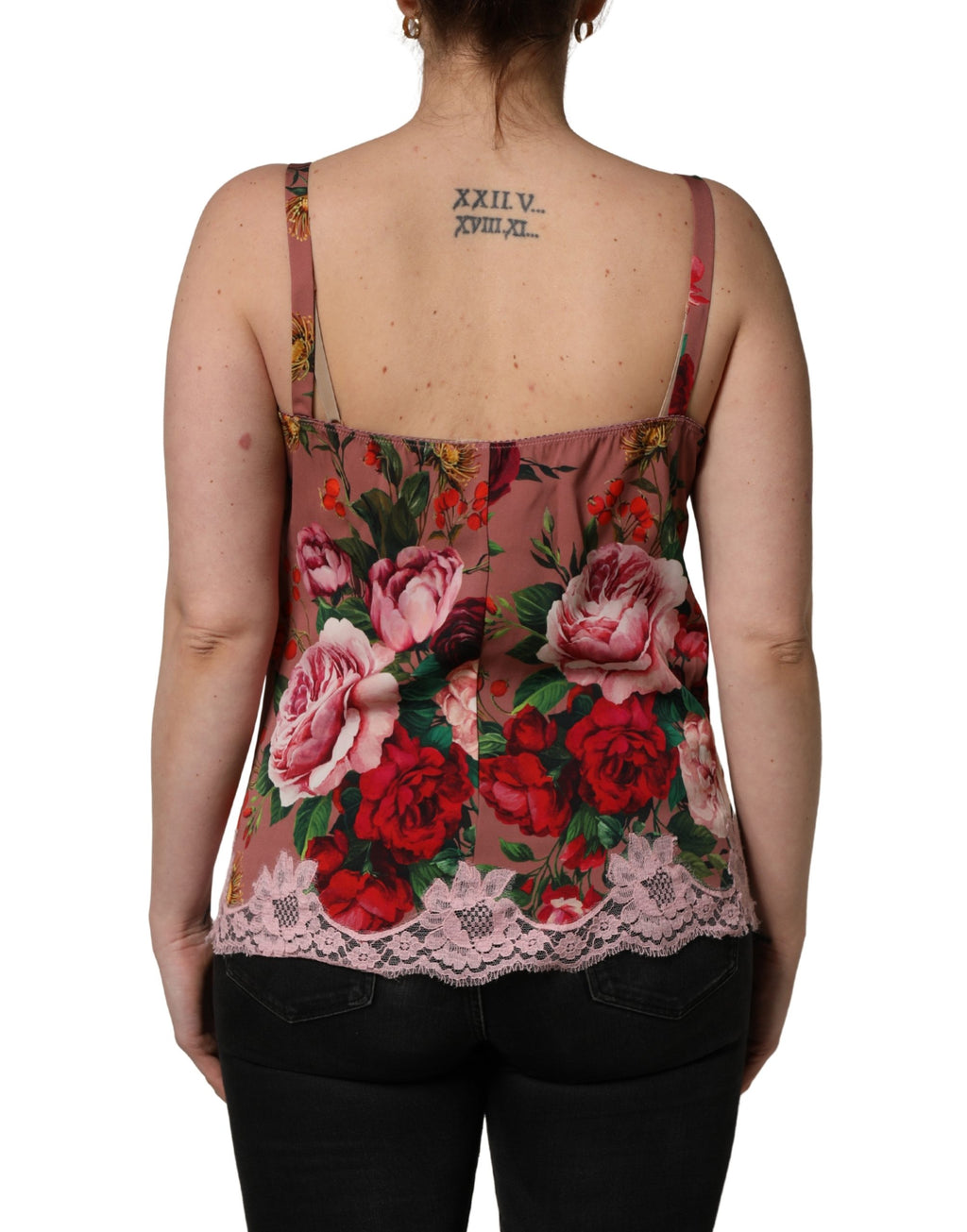 Brown Rose Print Satin Lace Camisole Tank Top