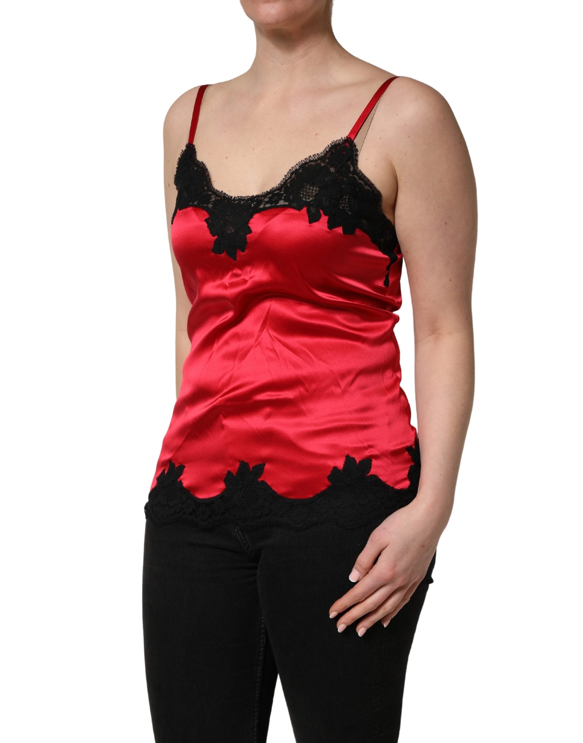 Red Silk Lace Trim Camisole Sleeveless Tank Top