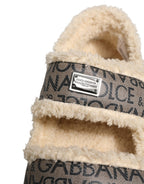 Beige Faux Fur Logo Print Flats Sandals Shoes