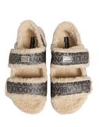 Beige Faux Fur Logo Print Flats Sandals Shoes