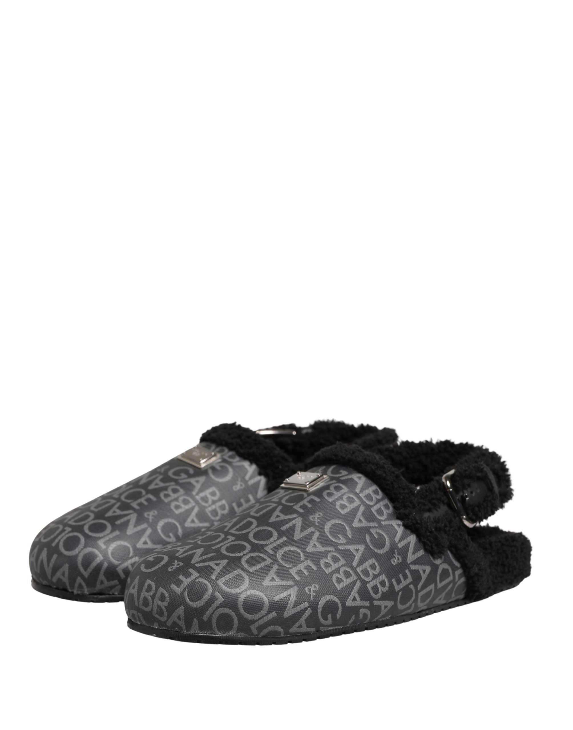 Gray Faux Fur Jacquard Mules Sandals Shoes