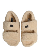 Beige Faux Fur Slides Men Flats Sandals Shoes